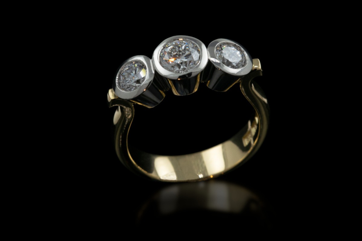 Rudolf Heltzel 3 Diamond 18ct Yellow Gold And Platinum Engagement Ring With Bezel Settings