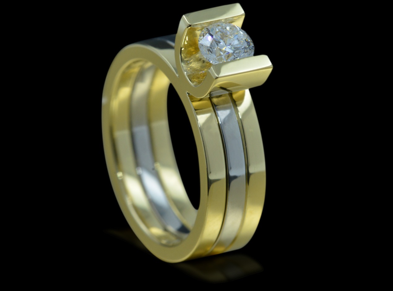 All in one 18ct yellow gold solitaire diamond engagement ring with platinum wedding band