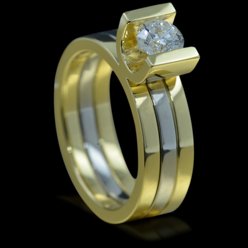 All in one 18ct yellow gold solitaire diamond engagement ring with platinum wedding band
