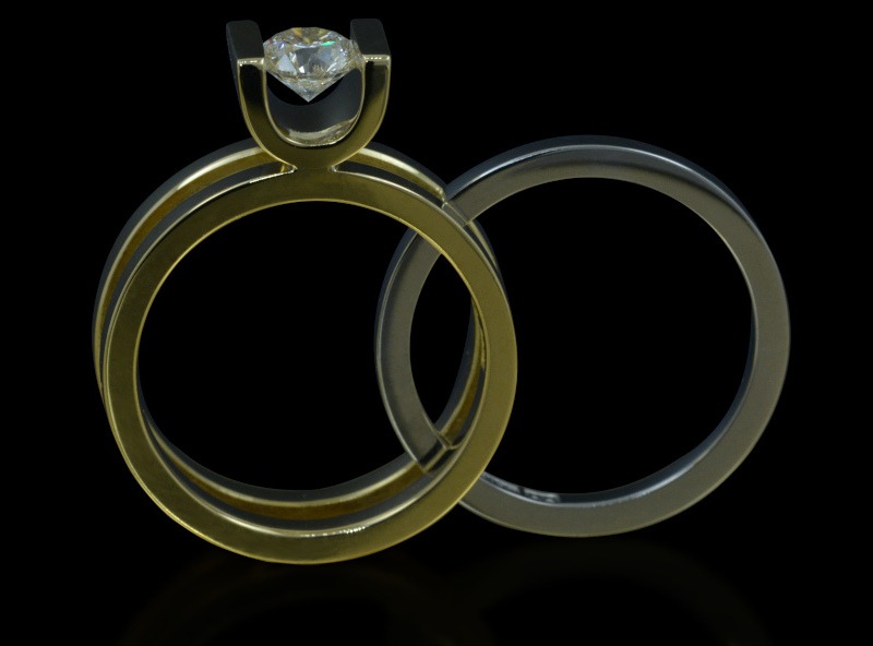 Handcrafted All in one 18ct yellow gold solitaire diamond engagement ring with platinum wedding band