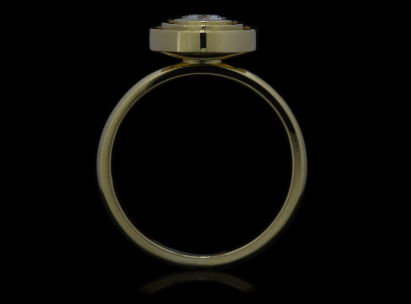 18ct yellow gold bezel set solitaire diamond engagement ring with double surround