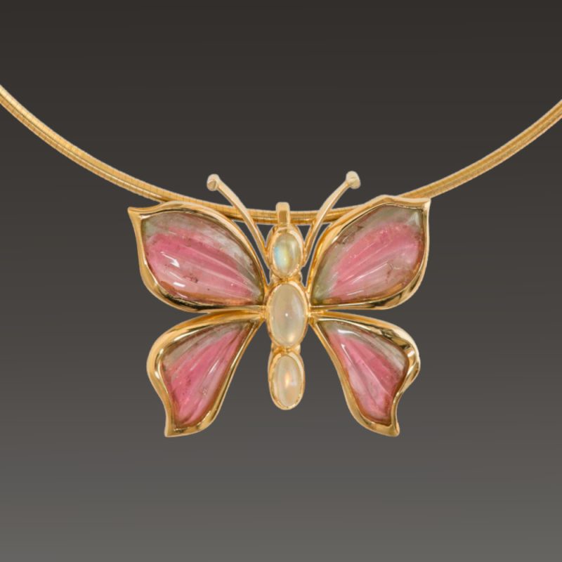 Rudolf Heltzel 18ct yellow gold tourmaline butterfly on a 18ct yellow gold choker