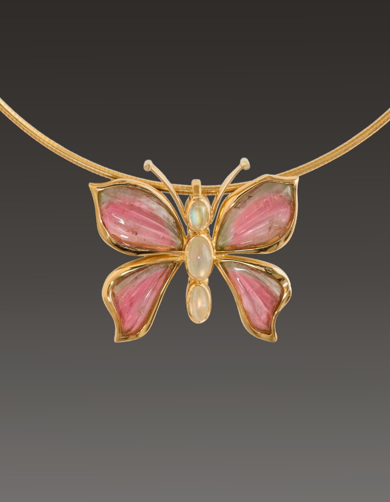 Rudolf Heltzel Tourmaline Butterfly V in 18ct yellow gold with yellow gold choker