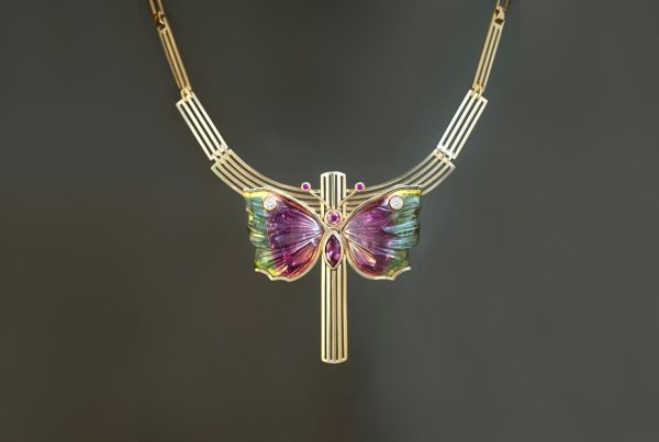 Rudolf Heltzel handcrafted tourmaline and diamond butterfly necklace in 18ct yellow gold