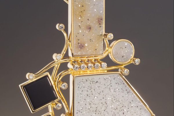 Handcrafted Rudolf Heltzel 18ct yellow gold necklace set with druzy and diamonds
