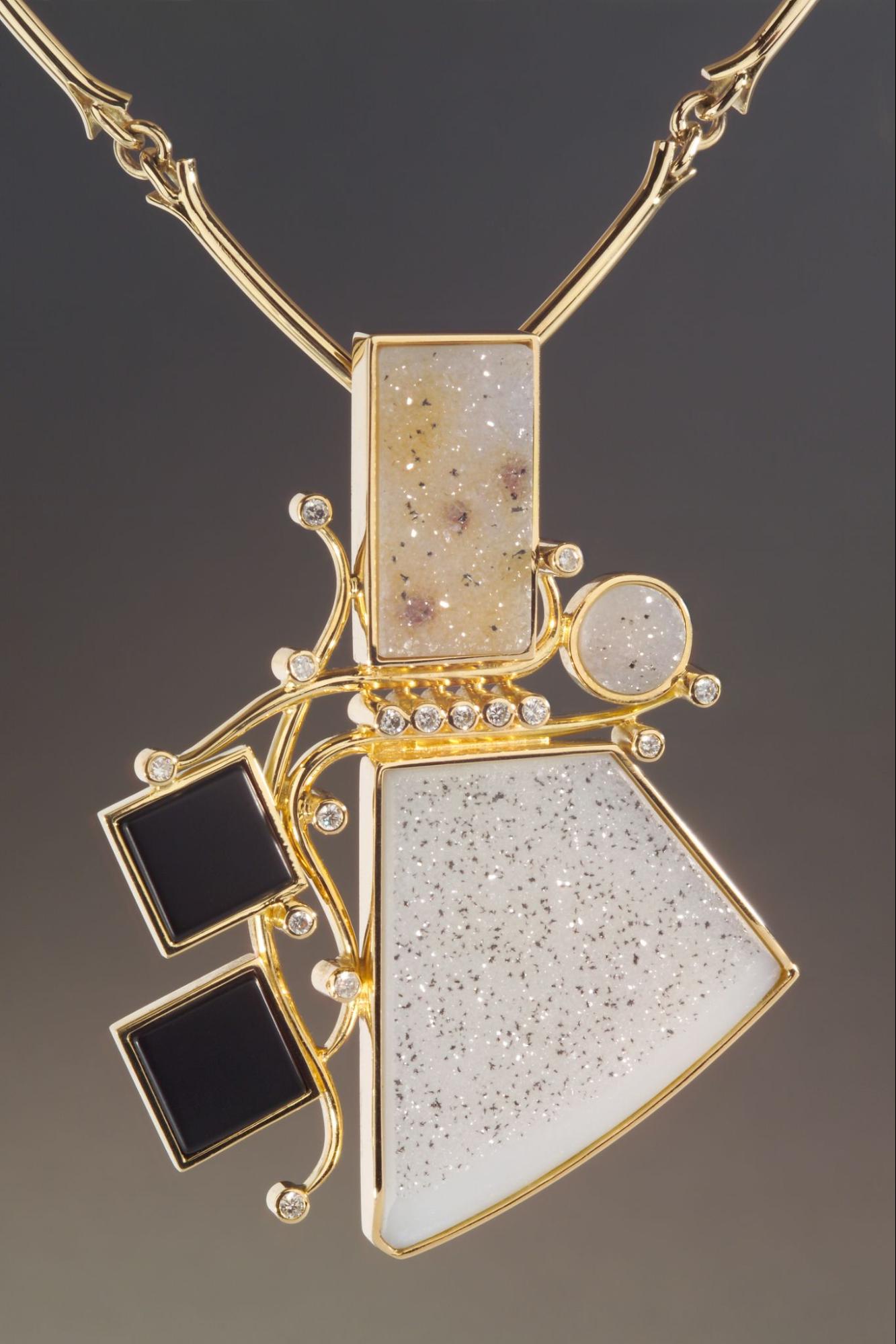 Handcrafted Rudolf Heltzel 18ct yellow gold necklace set with druzy and diamonds