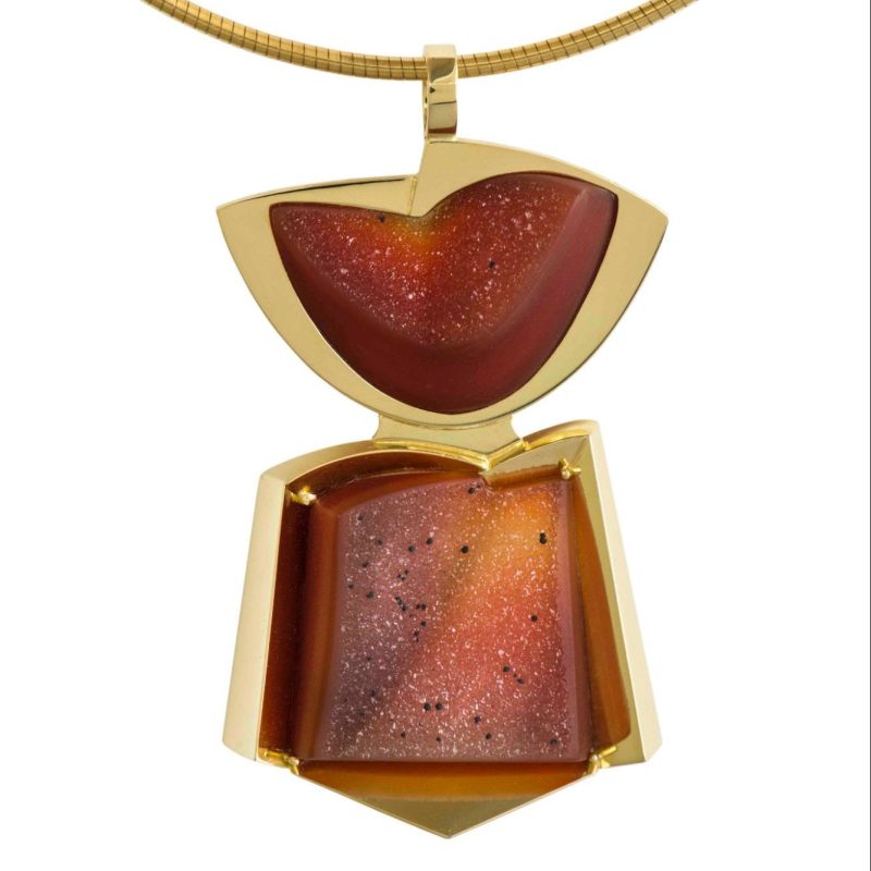 Rudolf Heltzel Druzy IV 18ct gold pendant on 18ct gold choker featuring 2 red carnelian druzy 17.5 and 35.5 lorenz-cut.