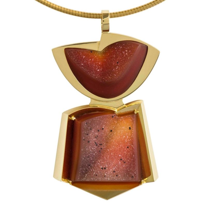 Rudolf Heltzel Druzy IV 18ct gold pendant on 18ct gold choker featuring 2 red carnelian druzy 17.5 and 35.5 lorenz-cut.