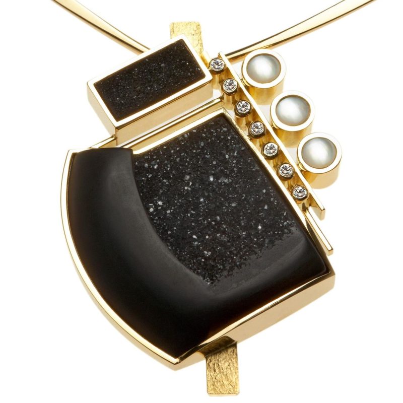 Handcrafted Rudolf Heltzel druzy and diamond pendant in 18ct yellow gold with yellow gold chain
