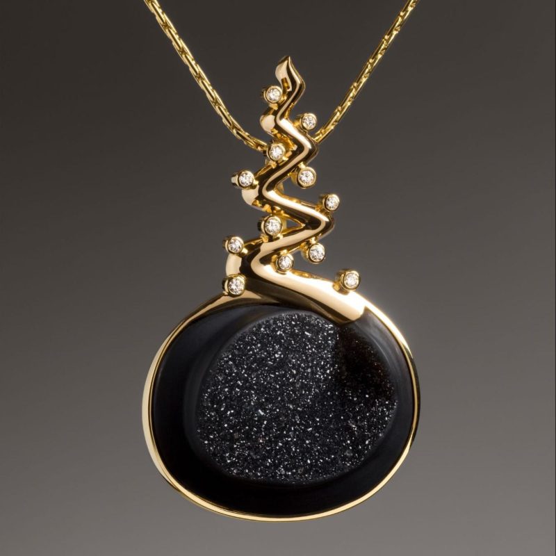 Handcrafted Rudolf Heltzel druzy and diamond pendant in 18ct yellow gold with yellow gold chain