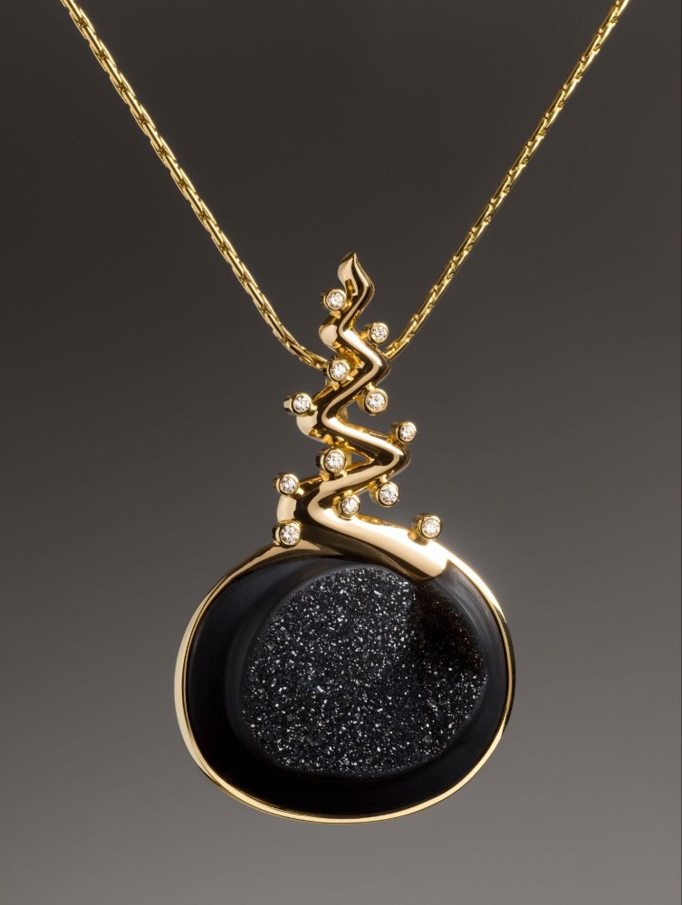 Handcrafted Rudolf Heltzel druzy and diamond pendant in 18ct yellow gold with yellow gold chain