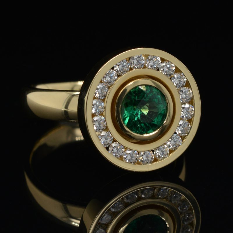 Rudolf Heltzel Diamond Surrounded Emerald 18ct Yellow Gold Engagement Ring