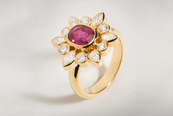 Rudolf Heltzel Diamond and gemstone 18ct yellow gold flower shaped ring