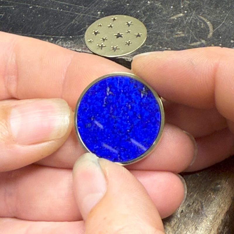 Lapis lazuli and 18ct yellow gold being created in Rudolf Heltzel's workshop, Kilkenny, Ireland