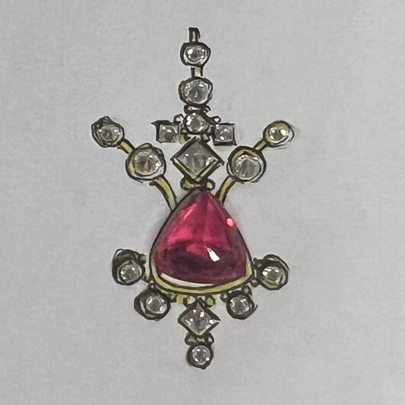 Spinel and diamond gemstones resting on a Rudolf Heltzel pendant pencil sketch