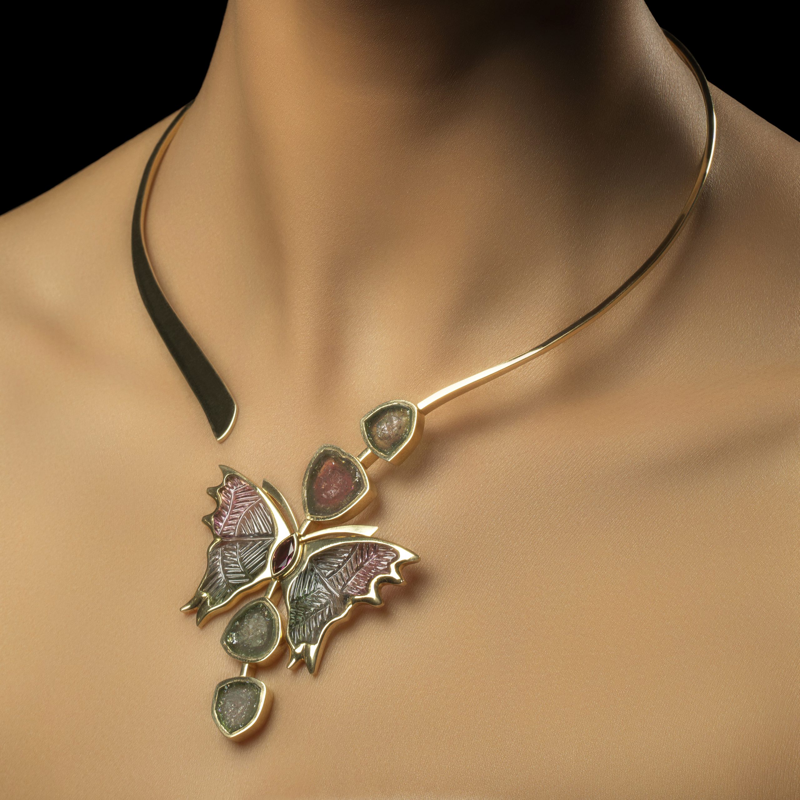 Rudolf Heltzel tourmaline and 18ct yellow gold butterfly pendant