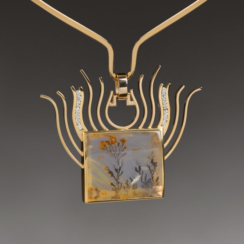 Rudolf Heltzel Rock Crystal IX 18ct yellow gold pendant on hand-forged 18ct gold neck ring featuring 1 rock crystal with dendritic inclusions, 14 natural rare white diamonds