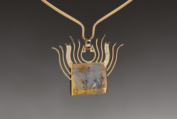 Rudolf Heltzel Rock Crystal IX 18ct yellow gold pendant on hand-forged 18ct gold neck ring featuring 1 rock crystal with dendritic inclusions, 14 natural rare white diamonds
