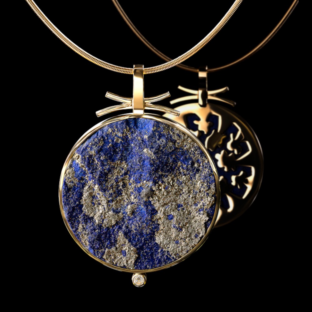Handcrafted lapis lazuli and diamond celestial garden pendant in 18ct yellow gold with gold choker