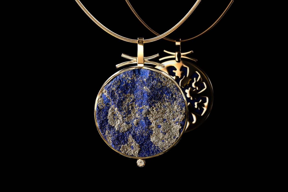Handcrafted lapis lazuli and diamond celestial garden pendant in 18ct yellow gold with gold choker