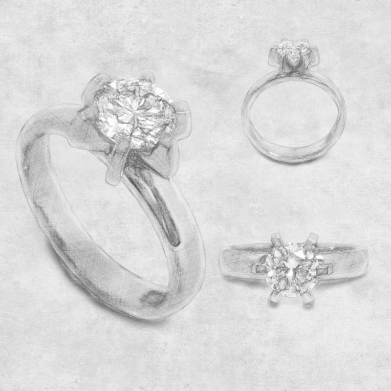 A Pencil Sketch Of A Rudolf Heltzel Bespoke Diamond Platinum Engagement Ring With 6 Claw Setting