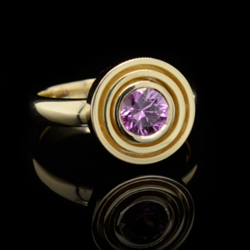 Handcrafted Rudolf Heltzel Amethyst two surround 18ct yellow gold engagement ring