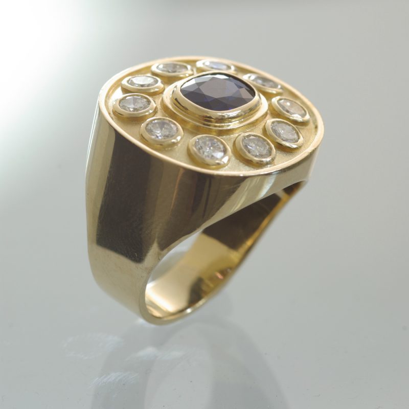 Rudolf Heltzel Bespoke 18ct Yellow Gold Ring With Diamond Surrounded Gemstone With Bezel Settings