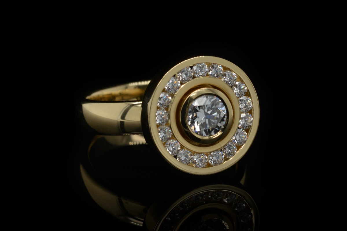 Rudolf Heltzel Diamond surround 18ct yellow gold engagement ring handcrafted in our Kilkenny workshop