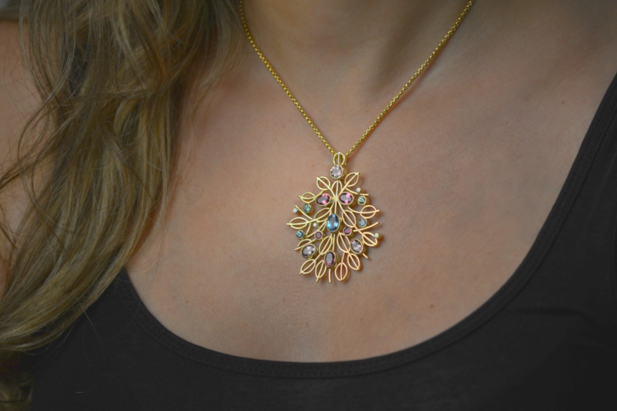 Rudolf Heltzel multi gemstone 18ct yellow gold pendant with yellow gold chain