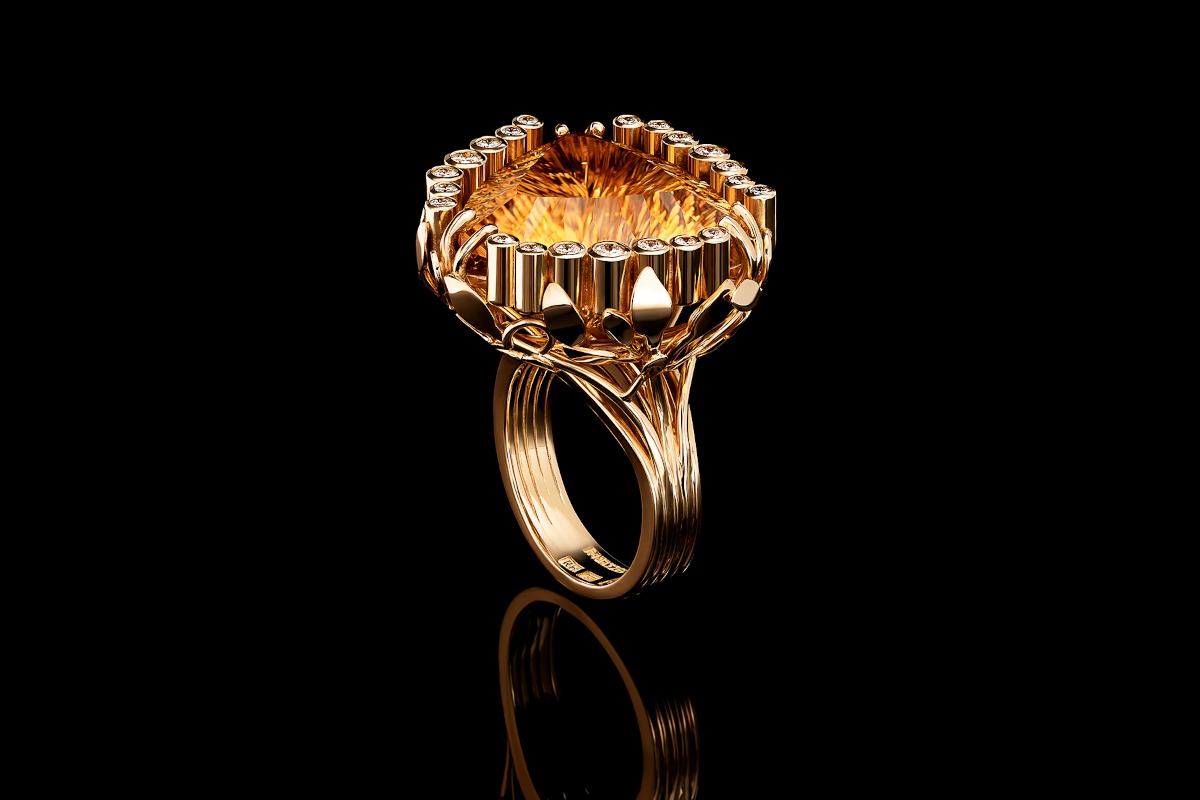 Bespoke 18ct yellow gold citrine and diamond handcrafted ring