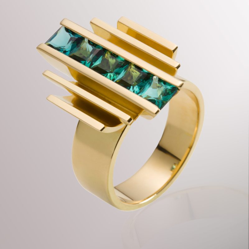 Rudolf Heltzel 18ct Yellow Gold Engagement Ring With 5 Channel Set Tourmaline Gemstones