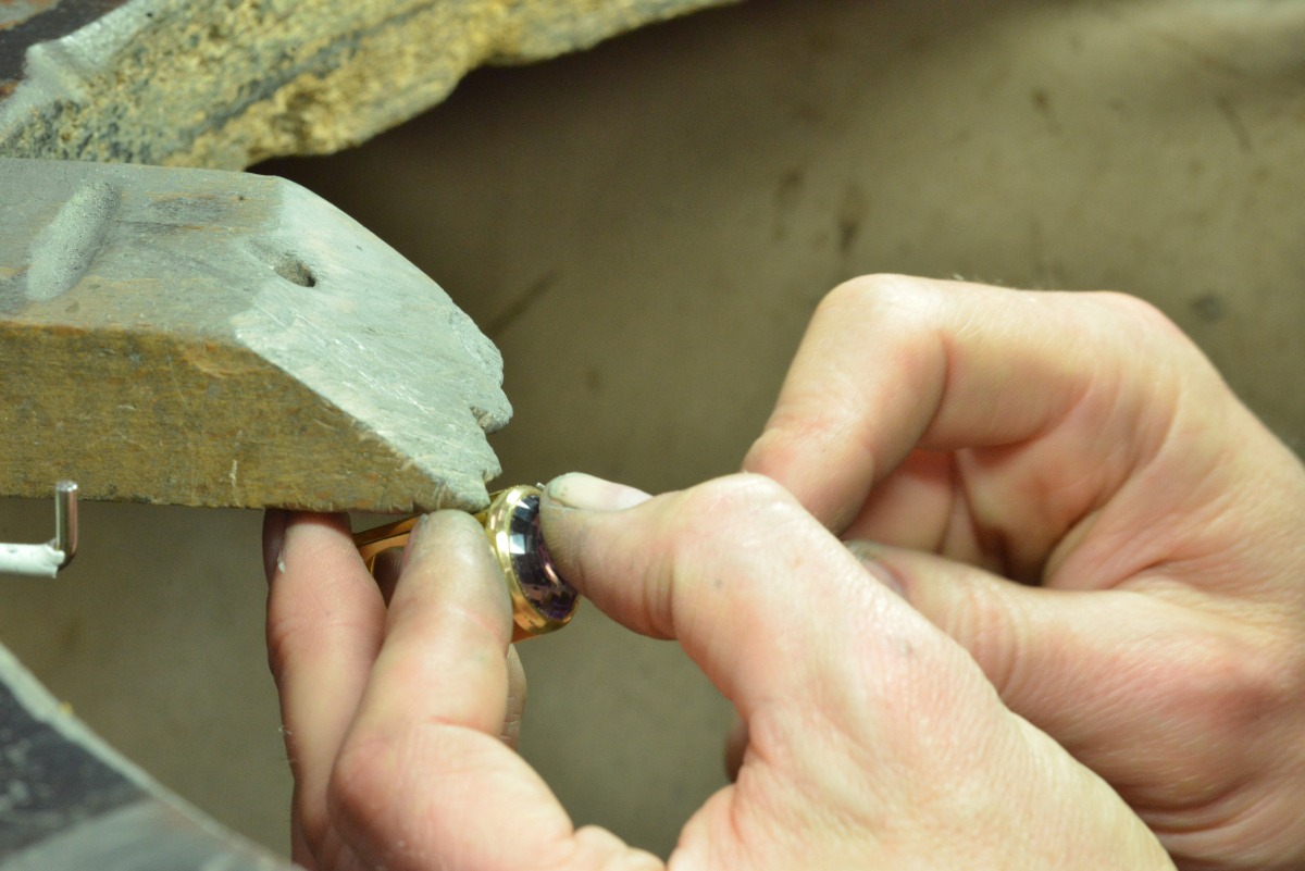 A custom 18ct engagement ring being crafted at Rudolf Heltzel's workshop in Kilkenny, Ireland