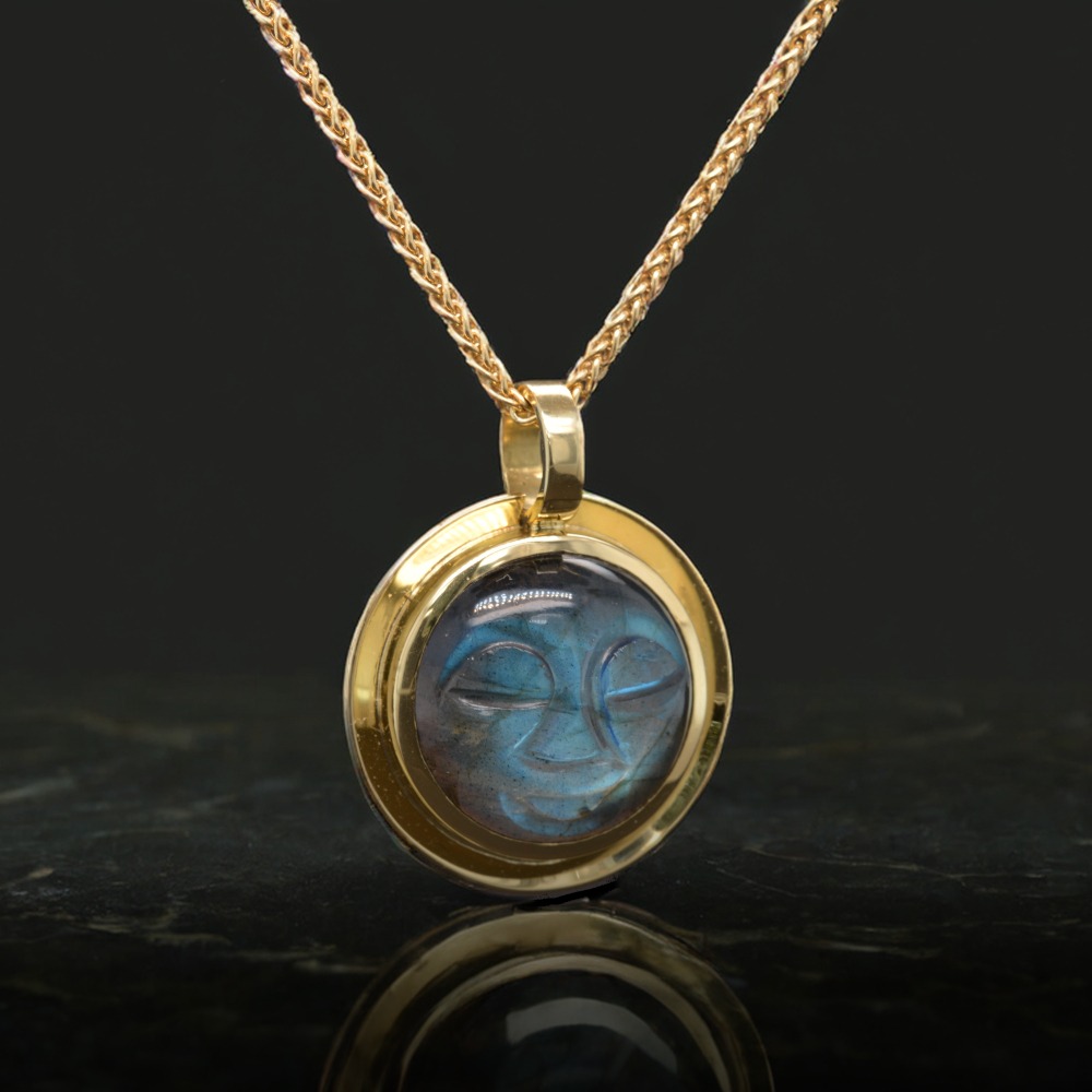 Rudolf Heltzel Moonlit Labradorite Face Pendant in 18ct yellow gold with gold chain