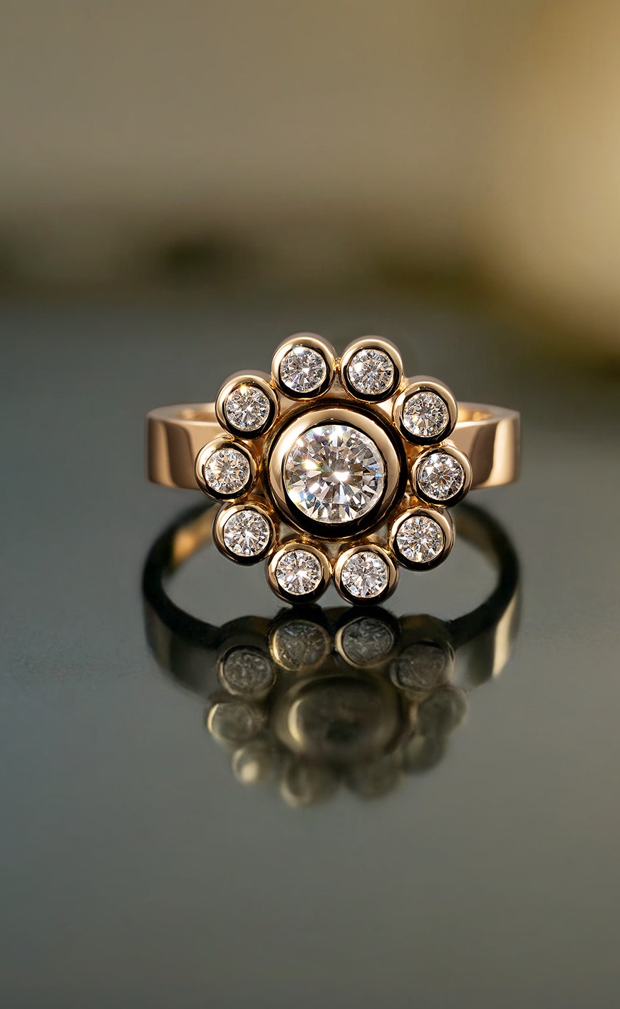Halo Cluster Diamond and yellow gold Engagement Ring