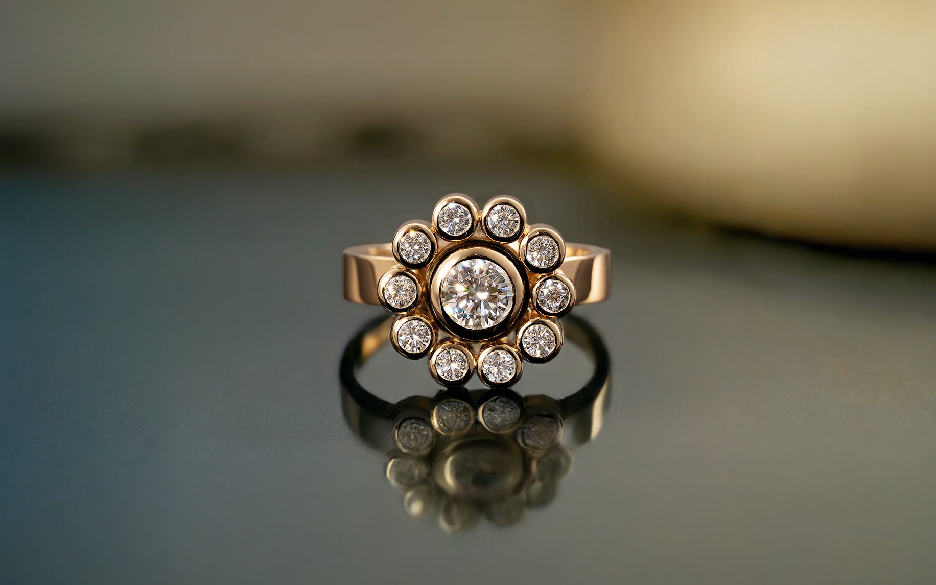 Halo Cluster Diamond and yellow gold Engagement Ring