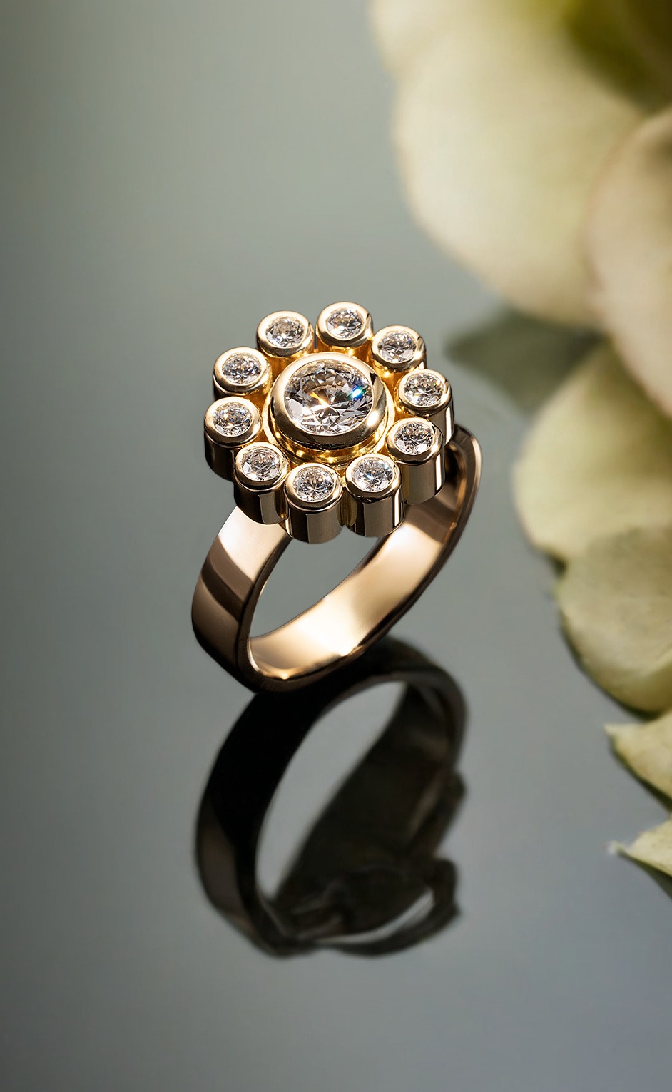 Halo Cluster Diamond Engagement Ring in yellow gold